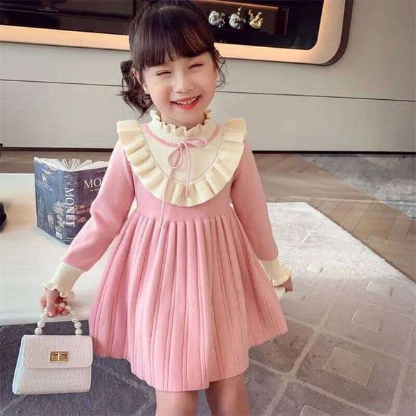 2025 New Girls Autumn Winter Ruffled Collar Long Sleeve Knit Princess Stylish Childrens Cotton Dress 26Y0226