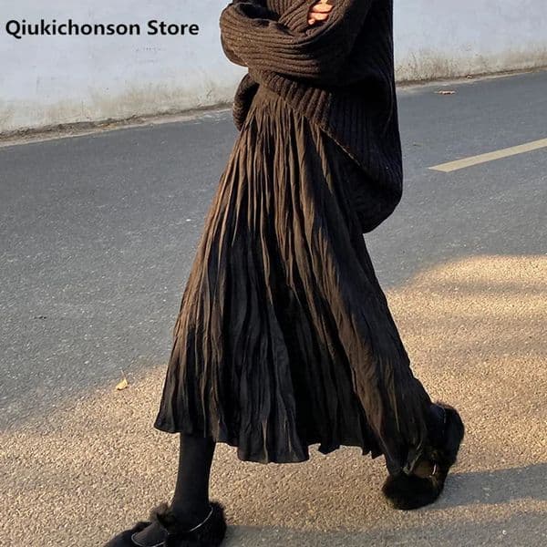 Autumn Winter Wrinkled Black Pleated Skirt Women Korean Style Casual High Waisted ALine Long Skirts Midi falda plisada 260202