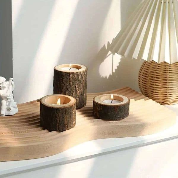 Three wooden tea lamp holders of different sizes, suitable for wedding, birthday, desktop center decoration, home decoration C260226