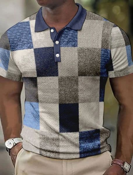 Mens Polo shirt lapel button color block plaid 3D pattern printed cuff outdoor street shortsleeved clothing 260129BANJIA