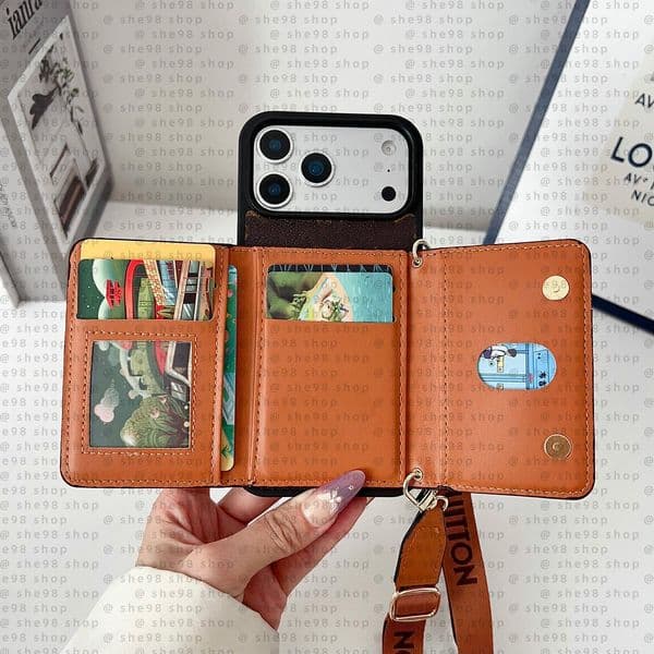 Wallet Phone Case Crossbody Designer iPhone Case for iPhone 17 Pro Max 16 Pro 15 14 13 12 16 Plus Galaxy S25 ultra S24 plus S23 S22 Case Leather Card Holder Strap Z260604