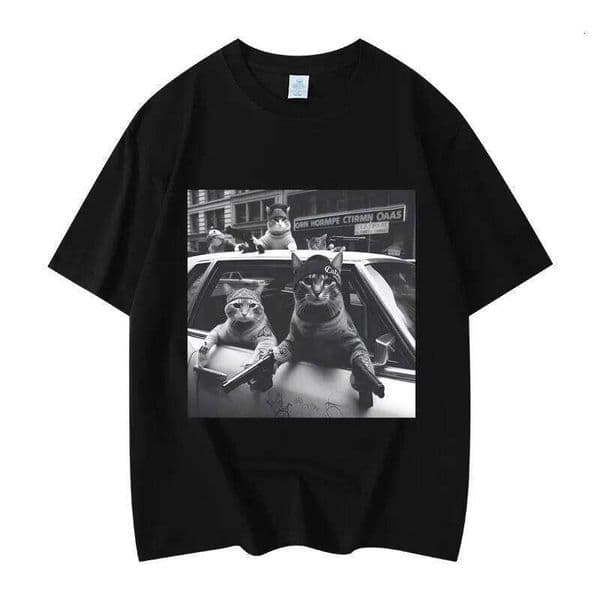 Funny Cat Gang Meme Graphic T Shirts Men's Women's Fashion Vintage Short Sleeve T-shirt High Quality Cotton Oversized T-shirts Z260225