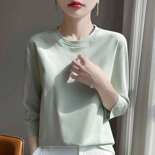 Summer Short-Sleeved T-Shirt Women's Round Neck Seven-Point Sleeves Loose Mercerized Cotton Half-Sleeve Shirt New T-shirt H260226