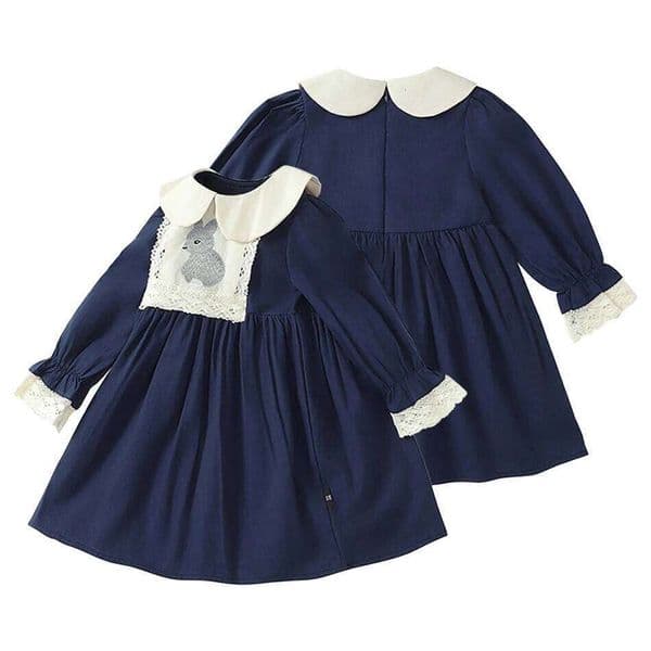 Charming Girls Long Sleeve Navy Blue Casual Dress Rabbit Embroidery Peter Pan Collar Perfect for Spring Autumn Fashion Statement 26W0226