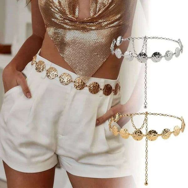 Women Fashion Round Pendant Chain Decorated Waist Belt Stainless Steel Gold Plated Bangle Hip Hop Accessories chain belt Y260226
