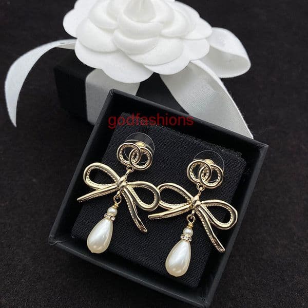 cc earrings designer for women jewelry double C pendant earrings niche design bowknot pearl pendant earrings