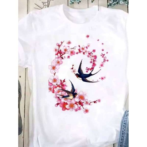 Sakura womens casual white cherry blossom swallow print T-shirt round neck short slve four seasons top comfortable C260226 S260416