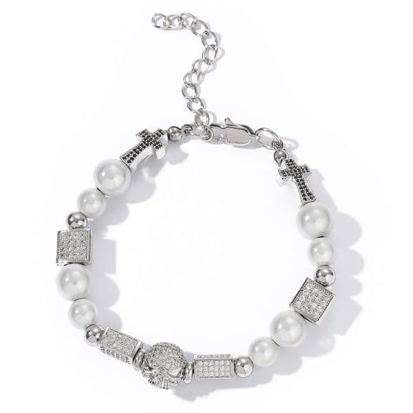 Hip-Hop Stainless Steel Reflective Pearl Copper Inlaid Zircon Square Cross Skull Men's Necklace Bracelet