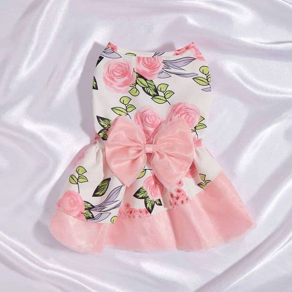Dog Dress Elegant Bowknot Pink Princess Clothes Puppy Floral Tulle Pet Spring Summer Party Dresses for Smal 26H0227