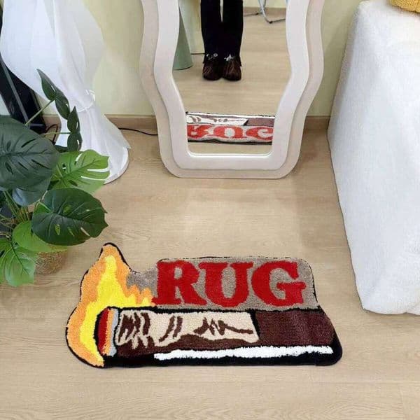 Novelty Burning Matchstick Rug Funny "RUG" Letter Tufted Carpet Non-Slip Doormat for Bedroom Living Room Home Decor Creative H260227