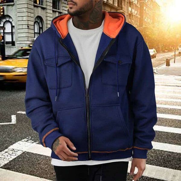 High Street Men's Solid Color Chest Two Pocket Zipper Long Sleeve Loose Jacket Casual Hoodie Y2K Z260226
