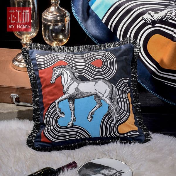 Designer Fashionable Light Luxury Model Room Decoration Retro Tassel Double-sided Printed Ribbon Horse Sofa Square Cushion Waist Pillow Logo