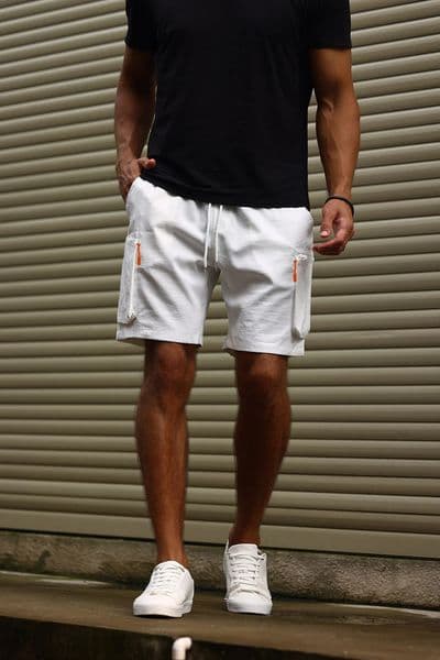 White Zipper Cargo Shorts With Contrast Pockets for Men 260227