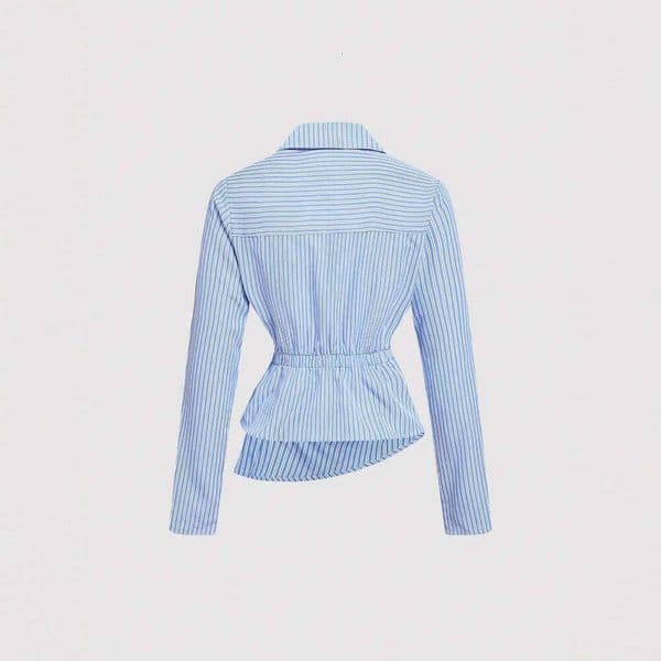 European American Amazon women's clothing: blue white striped asymmetrical long-sleeve shirt with unique twisted design, fashionable and irregular