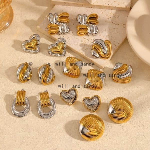 Waterproof Jewelry Two Tone 18k Gold Plated Stud Earrings Love Heart Square Charm Earrings for Woman Gift Designer Jewelry Wife Birthday Valentine Anniversary