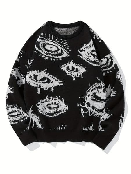 LVLAEA Mens Knit Pullover Shirt Long Sleeve Jacquard Sweater with Eyes Pattern for Winter Fall Casual Lounge Wear AntiPill 260227