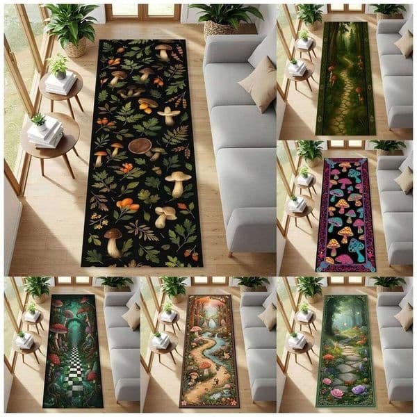 Forest Frog And Mushroom Runner Rug, Whimsical Toadstool Carpet, Dark Woodland Plants Mat, Enchanted Nature Floor Art H260227