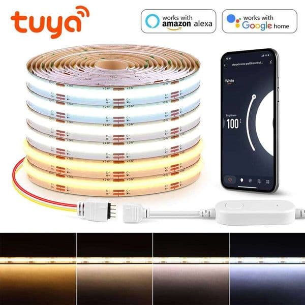 10mm Super Bright 24V COB Strip Light CCT 608LEDs/m WIFI Tuya Smart Flexible Kitchen Lamp RA90 LED Tape With EU US Plug Z260227