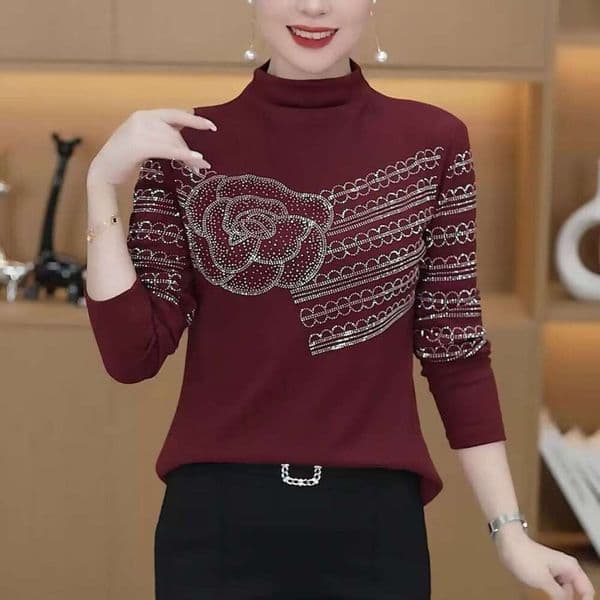 Spring Fashionable Camellia sinensis Women European T-Shirt plus-size women's clothing Sexy O Neck Hot Diamond Patchwork Street wear Long Sleeve Slim Tee L-5XL