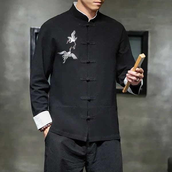 Crane Embroidery Shirts Traditional Chinese Vintage Clothing Mens Half Sleeve Linen Solid Madarin Collar Hanfu Kungfu Cardigan 260227BJ