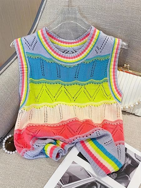 2026 Womens Rainbow Striped Knit Top SleevelessCasual Crew Neck Hollow Out Design Crop Vest 260227