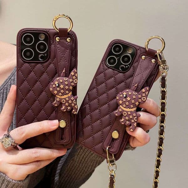 Apple 16 Soft Wrist Strap Fashionable Chanel Style Compatible with iPhone 14 Max 13 Stand Leather Dark Purple 12 Pro