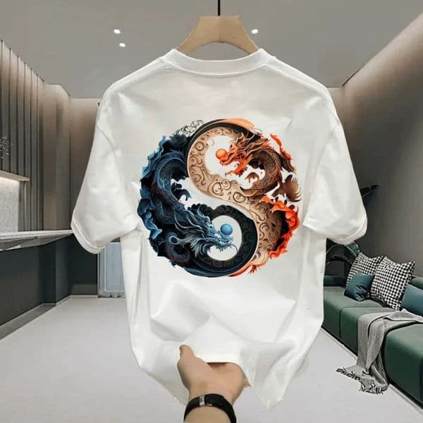 Mens Cotton Tshirts White 5XLT Shirt for Men Casual Summer Wear Chinese Loong Print Tee Shirts Black Clothing Fashion 260227BJ