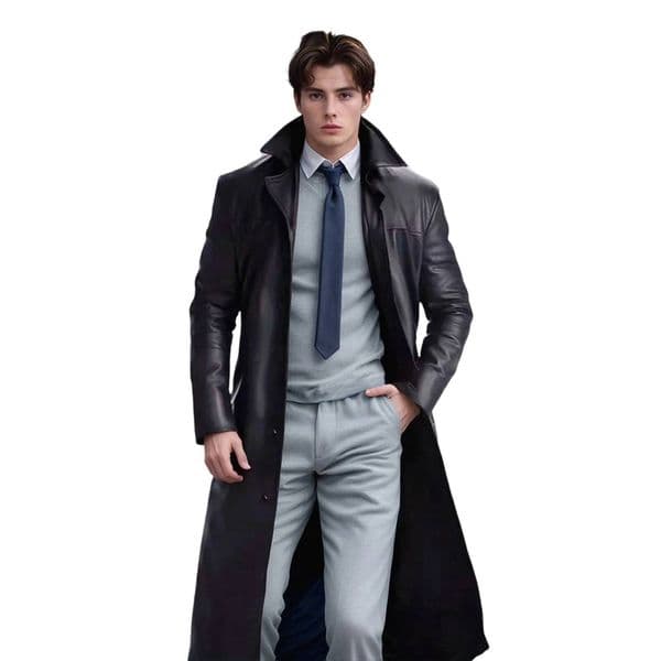 Ddmytues Men PU Leather Trench Coat Solid Color Lapel Long Sleeve Button Down Windbreaker Outwear For Autumn Winter Jackets