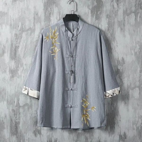 Mens Summer Leaf Print Short Sleeve Mandarin Collar Shirt Lightweight Linen Casual Top with Frog Button for Boho Street Style 260227BJ