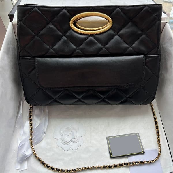 Gold-Tone Metal Black Handbag Calfskin Diamond Lattice Quilted 24B Clutch Bag Evening Wedding Party Black Purse Zipper Pouch Matelasse Chain Crossbody Handbag 34cm