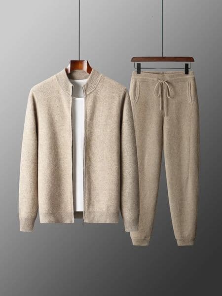 100 Merino Wool Twopiece Suit for Men Autumn Winter Knitting Zipper Cardigan and Slimfit Pants Warm Thickened Clothing Sets 260227BJ