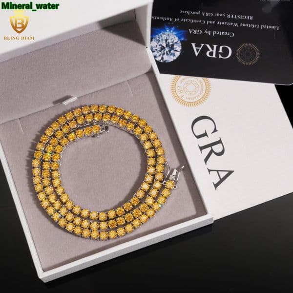 925 Sterling Silver 4mm Tennis Chain Yellow Gold VVS Moissanite Tennis Chain Pass Diamond Tester Moissanite Tennis Necklace GRA
