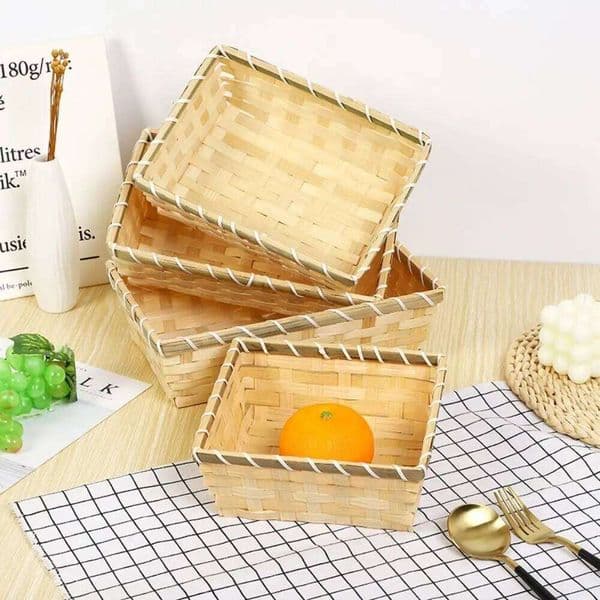 Simple Natural Color Bamboo Rectangle Handmade Christmas Hamper Woven Wicker Bread Basket Home Shop Display 26Y0228