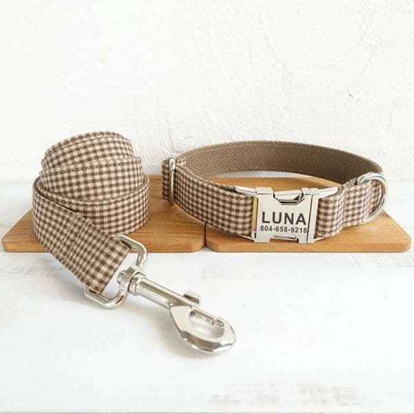 Personalized Pet Collar Customized Nameplate ID Tag Adjustable Suit Fiber Coffee Brown Cat Dog Collars Lead Leash 26H0228