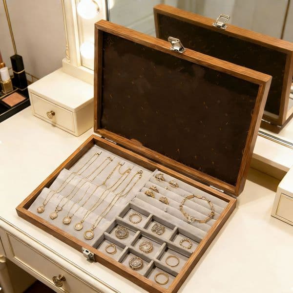 2026 Designer Rectangular Wooden cologne Jewelry Tray Organizer Walnut Finish Display Stand Necklaces Earrings perfume Decorative Storage For Vanity Dresser Or