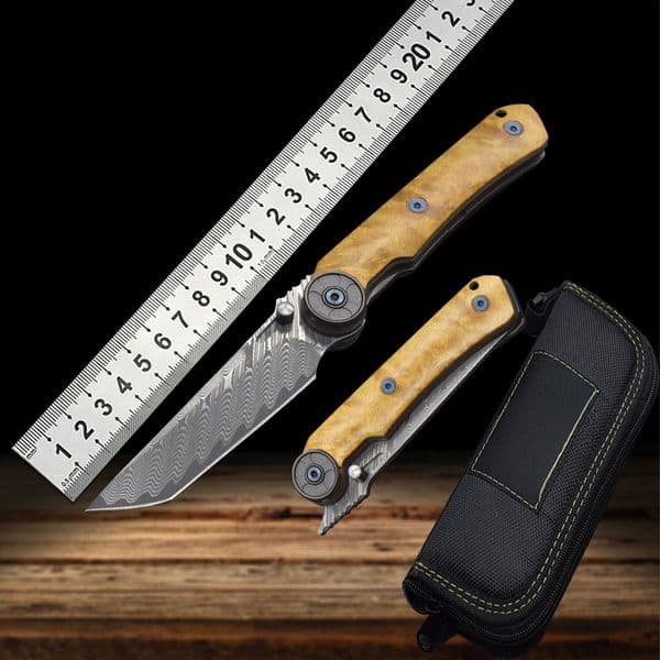 VG10 Damascus Steel Camphor Wood Handle Knife With Back Clip Folding Outdoor Camping Fishing Portable Tools Collecting Gifts EDC