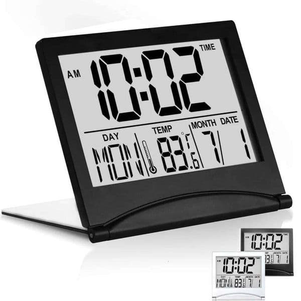 Foldable Backlit Calendar Stylish Snooze Digital Bedrooms Offices Travel Alarm Compact Desk LCD Clock 26W0228