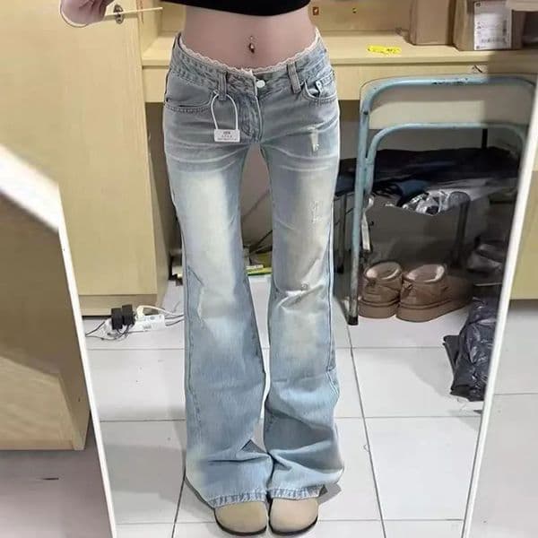 Light Wash Flared Jeans for Women Plus Size Lace Low Rise Floor Length Slim Fit Bell Bottom Pants Trendy n for Curvy Ladies 260228