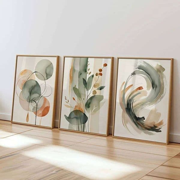 3pcs Frameless,Beige Sage Abstract Watercolor Wall Art,Plant and Geometric Prints Living Room Decor,Modern Minimalist Poster 26H0228