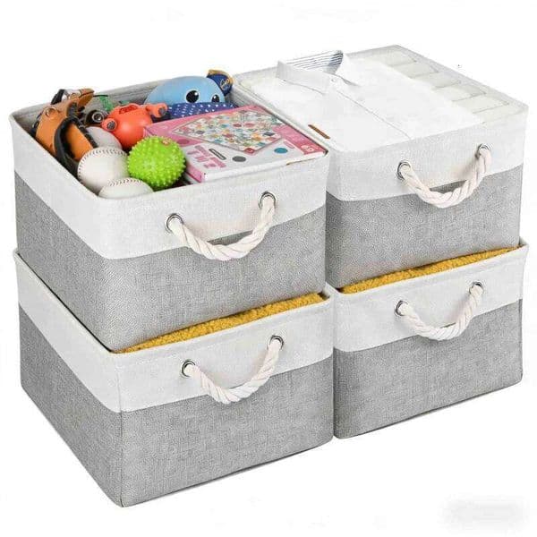 Foldable Fabric Box with Rope Handle White Gray Cube Wardrobe Storage Basket Clothing Organizer Shelf 26Y0228