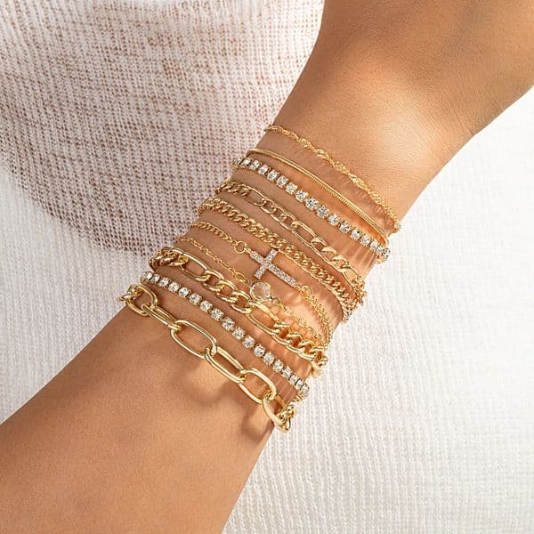 10 pieces of personalized and versatile geometric thick chain cross bracelet multi-layer stacked zircon bracelet set 260228
