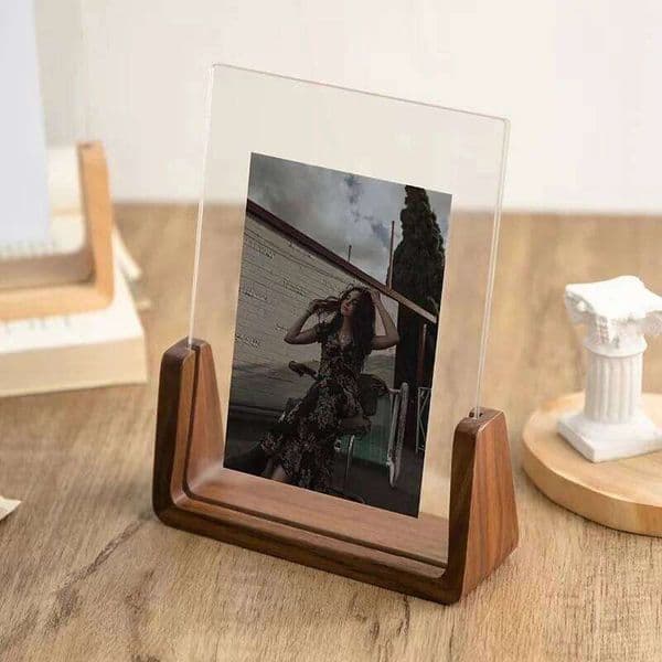Walnut/Beech Creative Photo Acrylic U Shape Transparent Desktop Wood Wedding Pictures Frame Office Decor 26Y0228