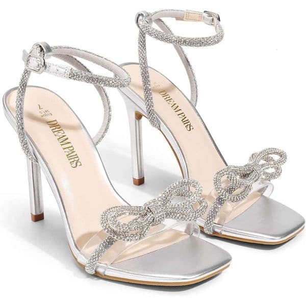 2026 Women S Double Bowknots Crystal Sandals Clear Slingback Heels Square Toe Shoes For Party Wedding