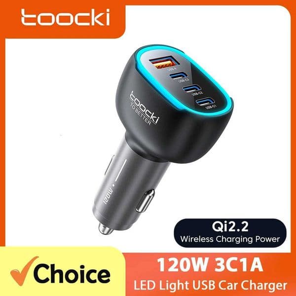 For Toocki 120/90W Mini Car Charger 4 Ports Fast Charging Ambient Light Zinc Alloy USB Type C Charger for Samsung iPhone Qi22 PPS X260228