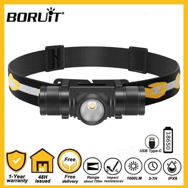 BORUiT D10 LED Headlamp 18650 Battery Type-C Rechargeable Headlight Waterproof Work Flashlight Fishing Camping Head Torch Z260228