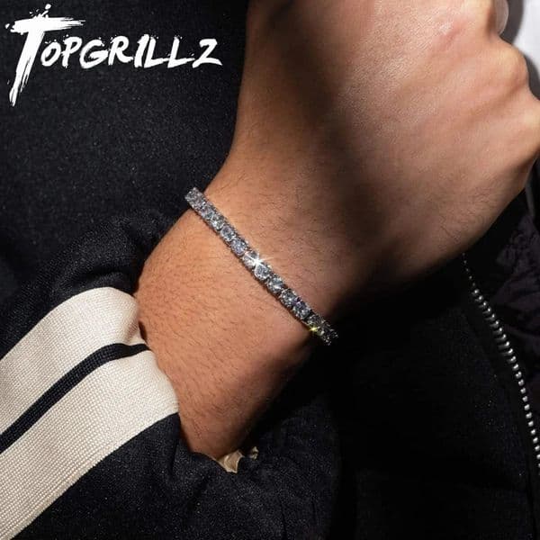 TOPGRILLZ 3MM-6MM Spring Buckle Tennis Chain Iced Out Cubic Zirconia 1 Row Tennis Chain Bracelet Men And Women Hip Hop Jewelry 260228