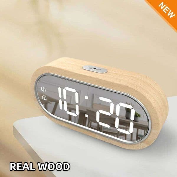 Led Wooden Digital Alarm With Snooze Table Thermometer - Usb Charger & Aaa Powered Desk Clock For Living Room 26W0228