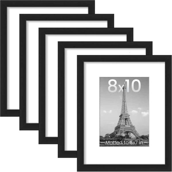8x10 Picture Frame Set of 5, Display Pictures 5x7 with Mat or 8 x 10 Without, Wall Gallery Photo Frames, White/Black 26H0225