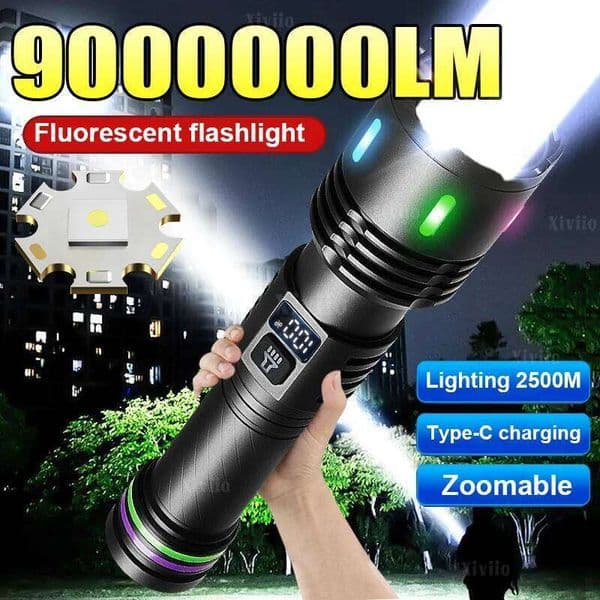 2026 New Super Bright 18650 Rechargeable Torch 9000000LM Powerful LED Flashlight Outdoor Camping Fluorescent Lantern Z260228