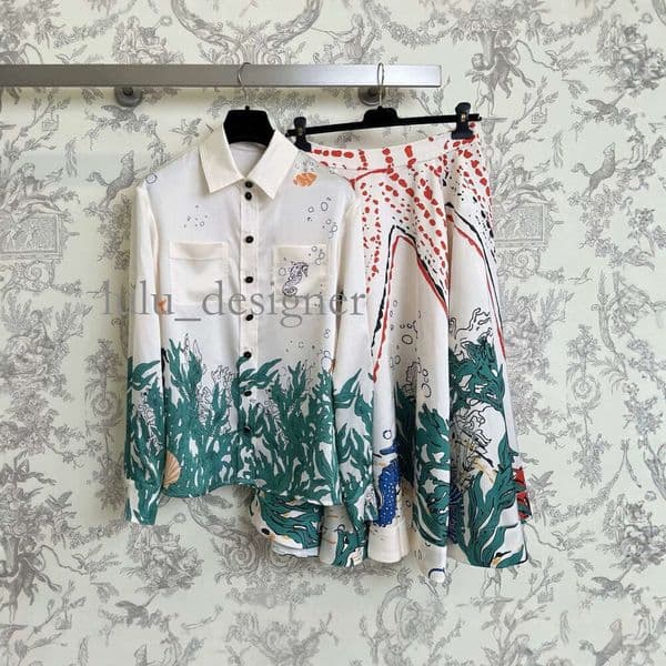 Designer skirt set women 26S New French Elegant Ocean Secret Lazy Style Half Skirt And Shirt For Women Summer Beach Horses Print two piece set
